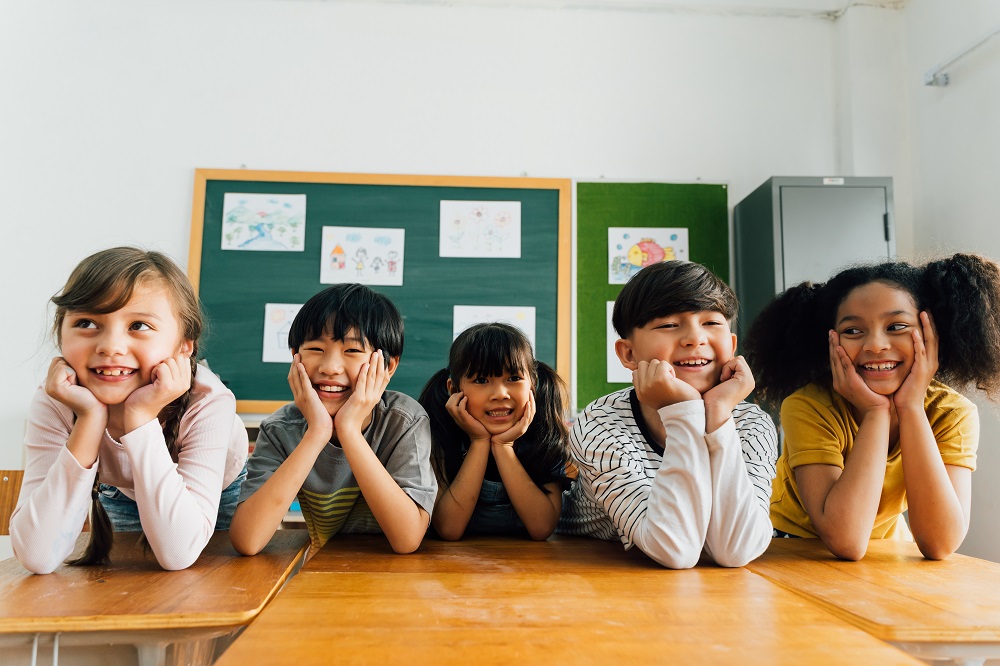 Web – Portrait of school children smiling in classroom